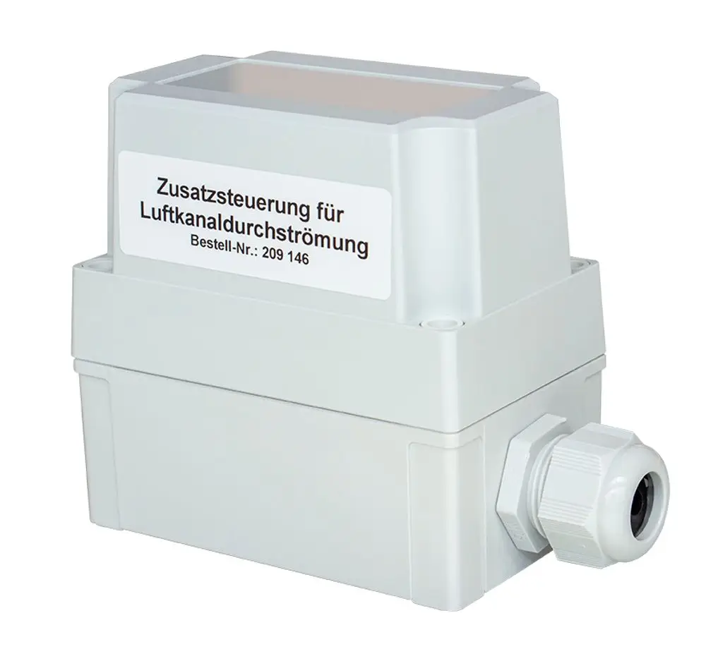 Zusatzsteuerung für Luftkanaldurchströmung von Grünbeck. Kompakte Bauform mit Anschlussmöglichkeiten auf der Seite. Eignet sich für Anwendungen in Lüftungsanlagen.